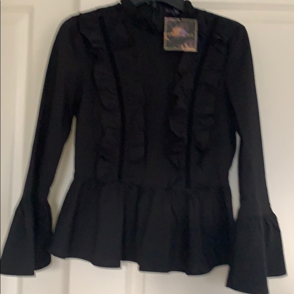 Black ruffle front puff sleeve shirt